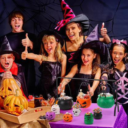 Capoda 12 Pcs Halloween Cauldrons Serving Bowl Decor Set Include 3 Plastic Witch Cauldrons Rack and 6 Mini Halloween Candy Bucket Punch Bowls and 3 Skeletons for Home Decor Witch Party Supplies