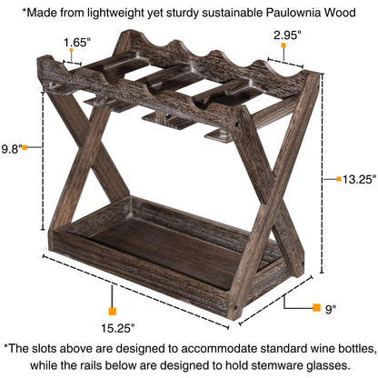 Rustic State Cava Countertop Solid Wood Wine Rack for 4 Bottles and 6 Stemware Glass Holder Cork Storage Tabletop Tray Freestanding Organizer - Home, Kitchen, Dining Room Bar Décor - Walnut