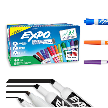 EXPO Dry Erase Markers Ultimate Pack, Chisel, Fine, Ultra Fine, Mixed Tips, 40 Count - Whiteboard, Essential Supplies for Office, School, Classroom, Teachers