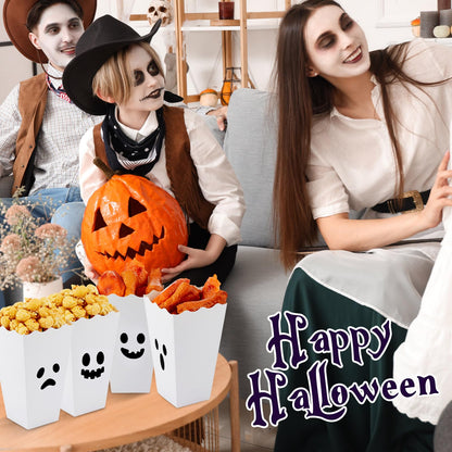Mimorou 24 Pcs Halloween Popcorn Boxes Bulk Trick or Treat Snack Boxes Ghost Theme Paper Candy Cookie Biscuits Container Halloween Party Supplies for Party Decorations