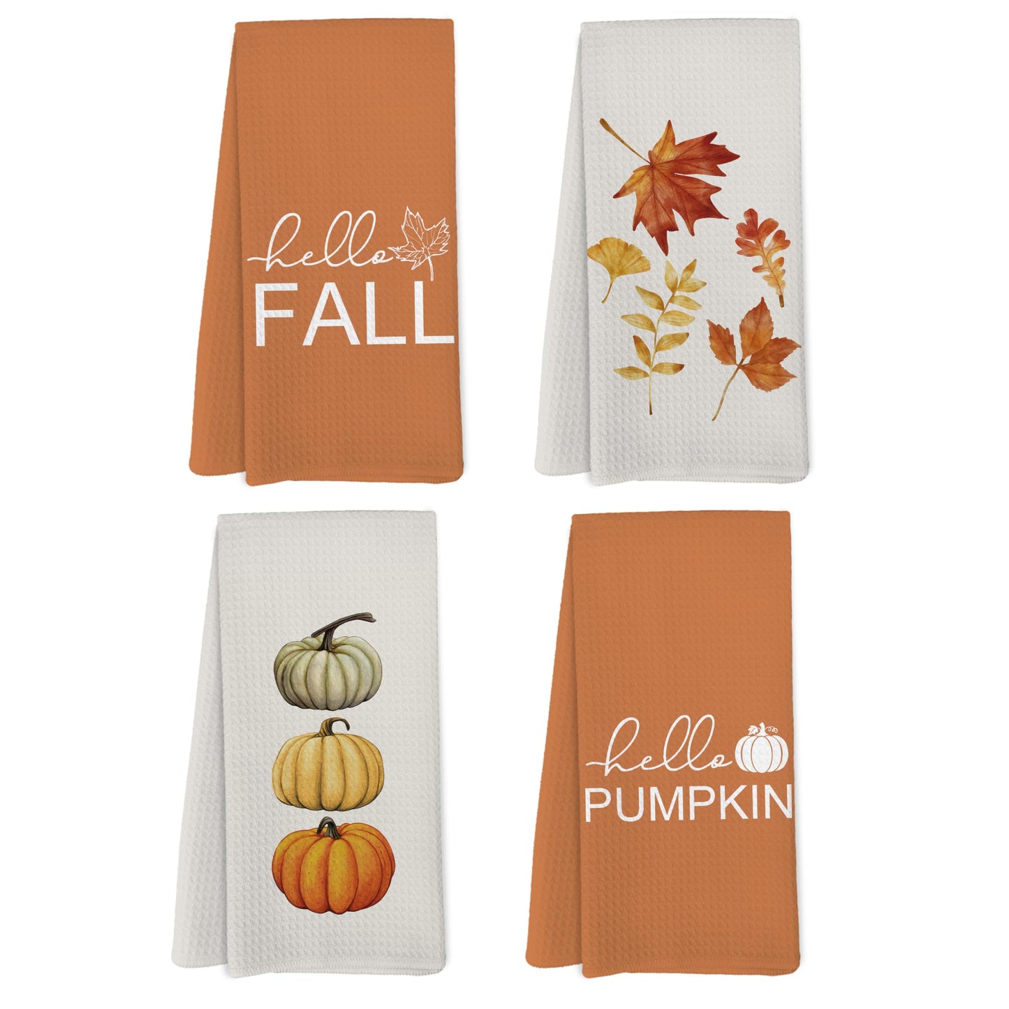 Yorhifa Hello Fall Pumpkin Kitchen Towels Set of 4, Autumn Harvest Maple Leaves Towels for Bathroom Decor, 16x24inch