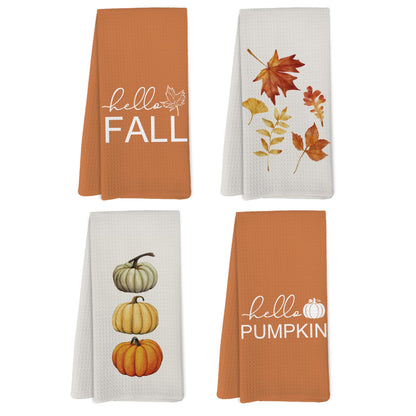 Yorhifa Hello Fall Pumpkin Kitchen Towels Set of 4, Autumn Harvest Maple Leaves Towels for Bathroom Decor, 16x24inch