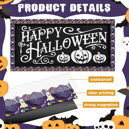 JYNTERPLAY 30Pcs Halloween Magnetic Bulletin Board Borders for Classroom Spooky Pumpkin Ghost Spider Web Bat Purple Border Strips Die Cut for Whiteboard Chalkboard Office Decor