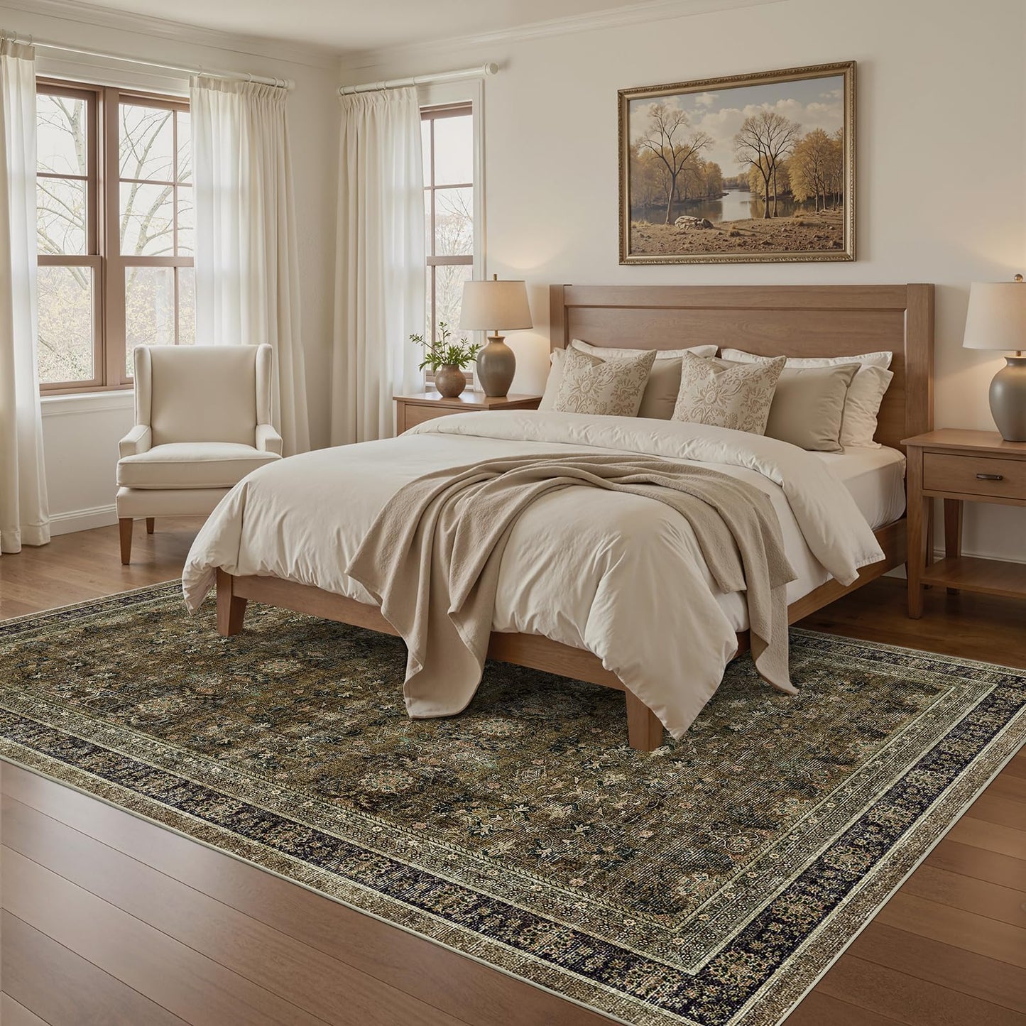 WITSHOCK 5x7 Area Rugs for Living Room: Vintage Modern Boho Moody Retro Antique Farmhouse Dark Carpet, Non-Slip Low Pile Stain Resistant Rug for Bedroom Dining Under Table, Brown Olive Green
