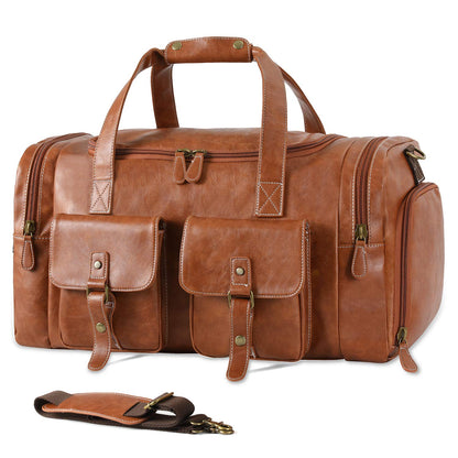 Zeroway PU Leather Travel Duffel Bag with Shoe Pouch Large Carry on Bag Waterproof Weekender Overnight Bag for Men Women Brown