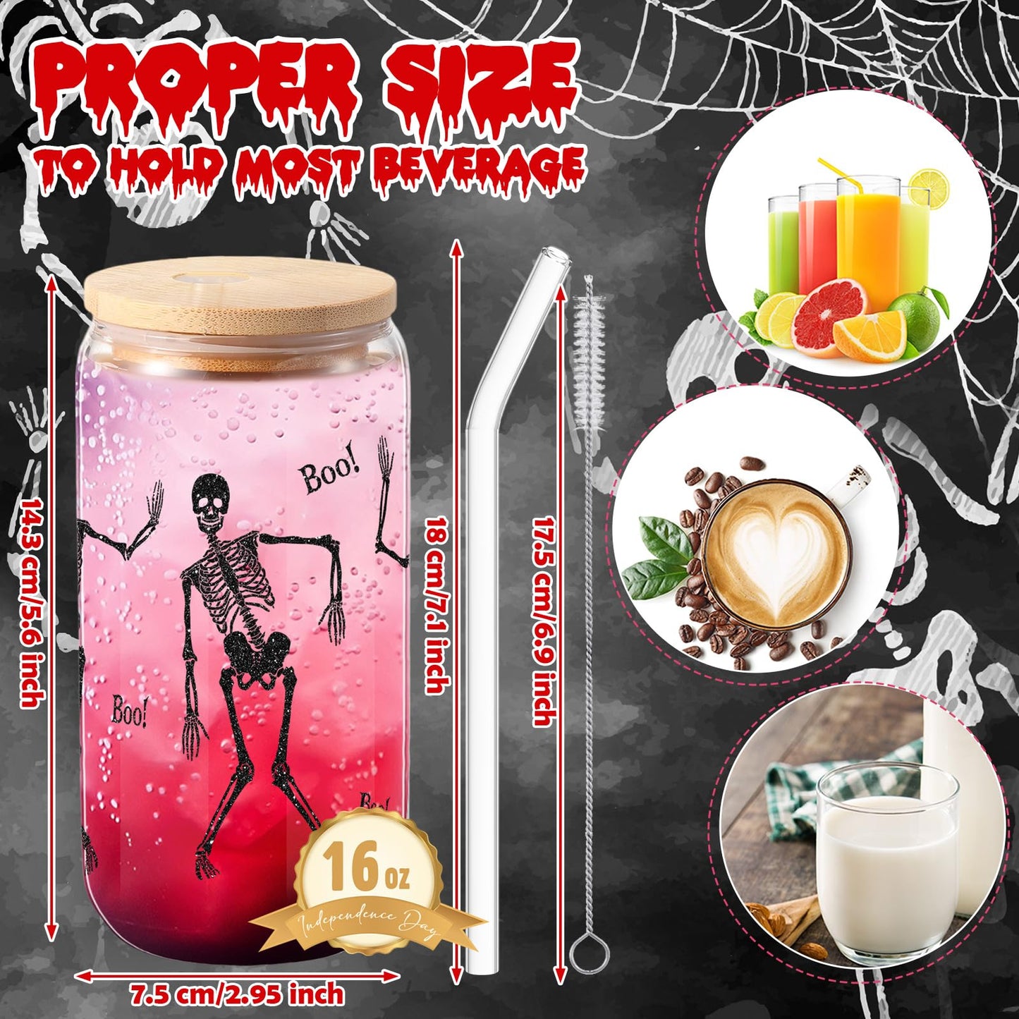 Zhehao Set of 2 16 oz Summer Halloween Skeleton Glass Cups with Lids Straws and Cleaning Brush, Skeleton Iced Coffee Cup Drinking Glasses Tumbler for Halloween Gifts Boo Basket Stuffers