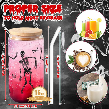 Zhehao Set of 2 16 oz Summer Halloween Skeleton Glass Cups with Lids Straws and Cleaning Brush, Skeleton Iced Coffee Cup Drinking Glasses Tumbler for Halloween Gifts Boo Basket Stuffers
