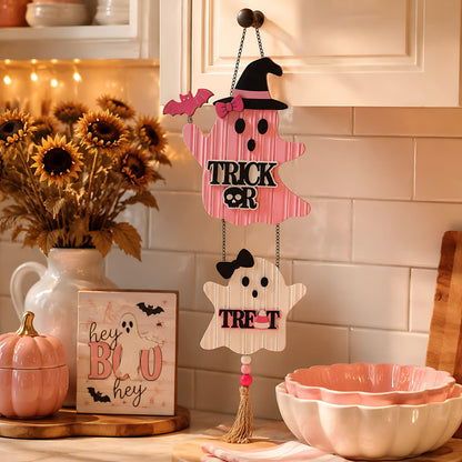 Valery Madelyn Pink Halloween Decorations, Cute Halloween Door Wreath Decorations, Ghost with Witch Hat Wooden Hanging Sign for Wall Window Door Handle, 16 inch