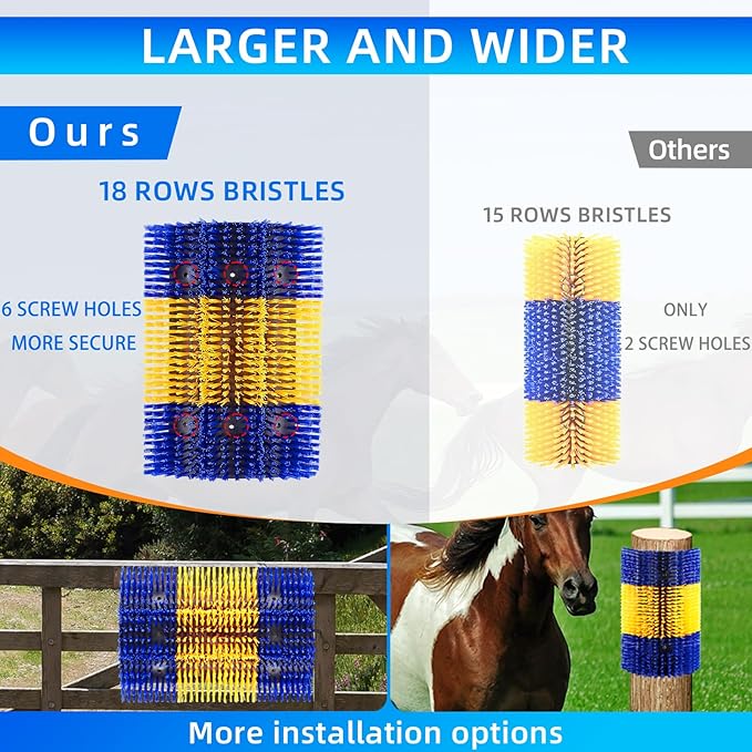 Extra Large Size Livestock Scratching Brush, Upgraded Horse/Goat/Cow/Cattle Scratcher Brush for Grooming, Itch Relief Horse Scratcher Brushes Kit with Two Sets of Mounting Screws(2-Pack,Yellow)