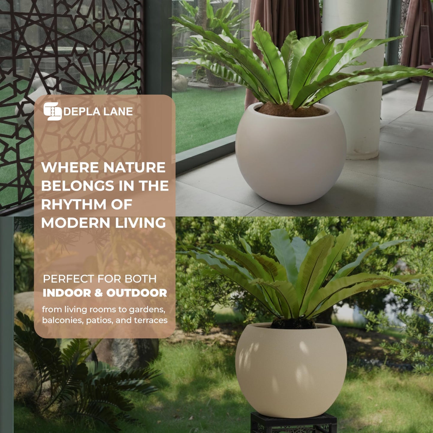 DEPLA LANE Marlo Fiberstone Round Planter (8.5" Pot Opening x 12.6" D x 9.8" H) Smooth Finishes, Lightweight, Durable, UV Resistant, Modern Minimalist Home Decor, Indoor Outdoor Pot (S, Cream White)