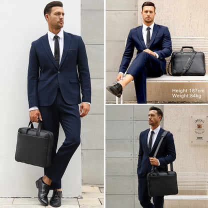 Masa Kawa Black Leather Slim Briefcase 14 Inch Laptop Bag for Men Crossbody Shoulder Messenger Computer Bags Attache Case for Business Work Lawyer