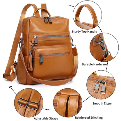 Wesccimo Genuine Leather Backpack Purse For Women Real Soft Leather Fashion Convertible Shoulder Bag Burnt Caramel/Orange