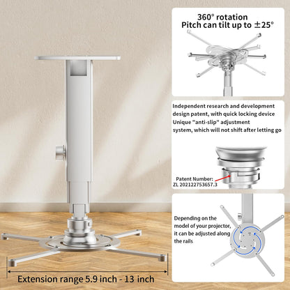Projector Mount Wall with Multi-Hole Design, Adjustable Universal Ceiling Mount for Home Theater, Office, Classroom, Load 55 lbs - Silver