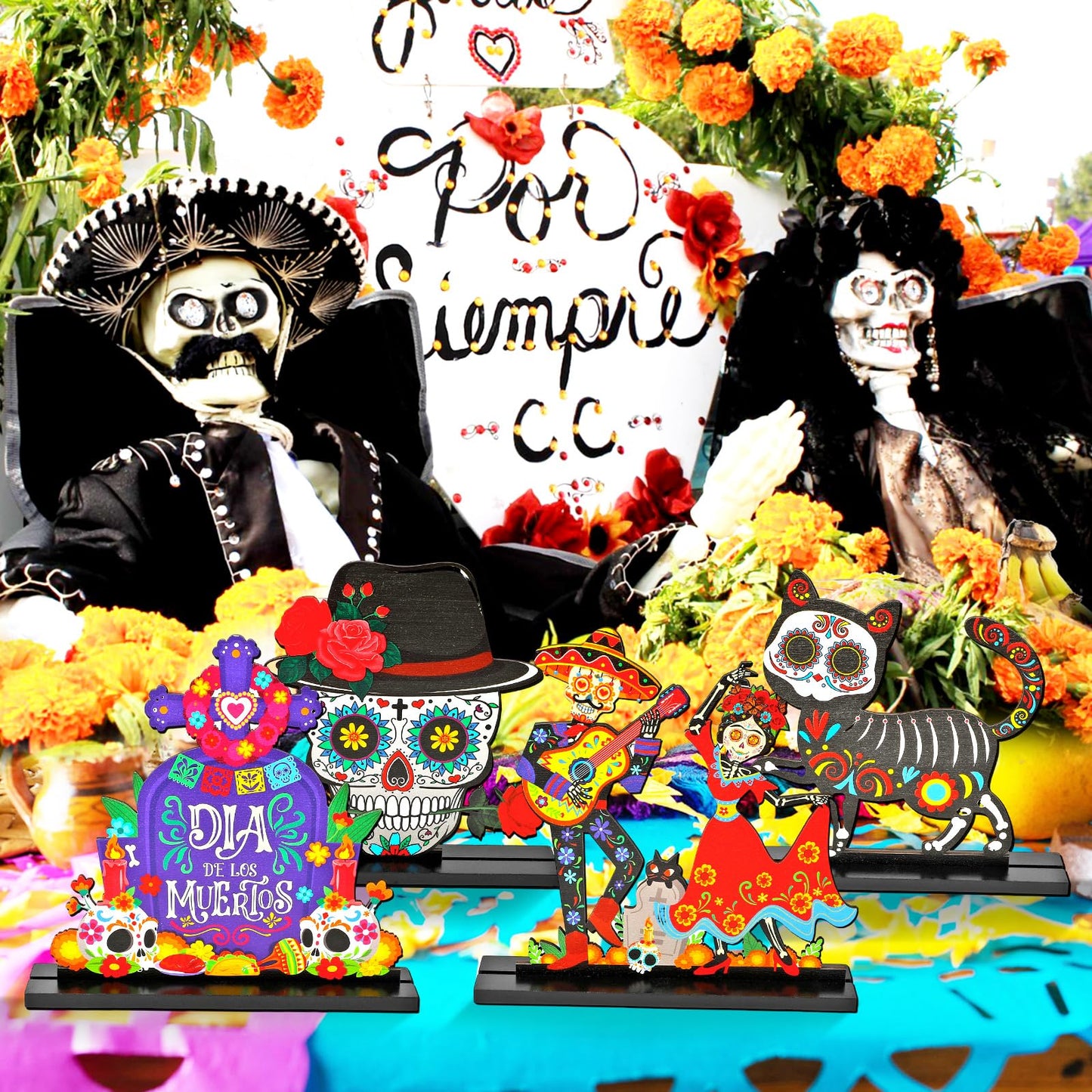 HOWAF 4PCS Day of The Dead Table Decorations,Wooden Mexican Dia De Los Muertos Altar Centerpiece with Sugar Skull Dancing Ghost Skeleton Couple Skeleton Cat Altar for Day of The Dead Alter Decor