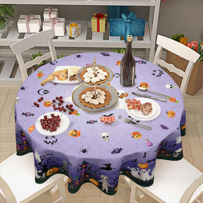 Ancordivo Halloween Round Tablecloth 60 Inch Purple Castle Spooky Pumpkin Ghost Bat Spider Web Table Cloth Rustic Holiday Table Cover for Kitchen Dinner Home Decor