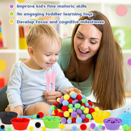 iCraftine 158 PCS Fine Motor Skills Set - 150 Pom Poms, 6 Sorting Bowls, Tweezers, Spoon, Sensory Bin Filler for Preschool Kids Counting, Sorting, Matching Training Activity