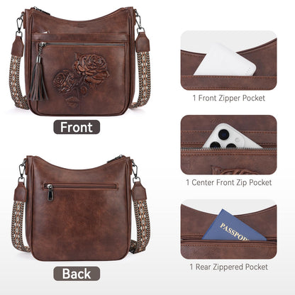 VIMUTI Crossbody Bags for Women Trendy Vegan Leather Hobo Purses for Women Embossed Flower Shoulder Handbags Bucket Bag (03-Coffee)