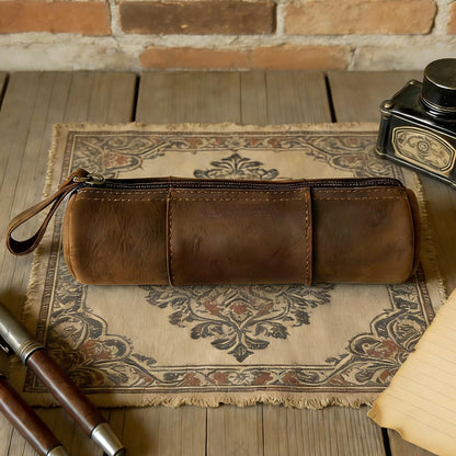 ququfortuna leather pencil case set -2pcs full grain leather zippered pen pouch bag, handmade stationery storage, elegant gift with high-end pencil pouch (brown set) (SET)