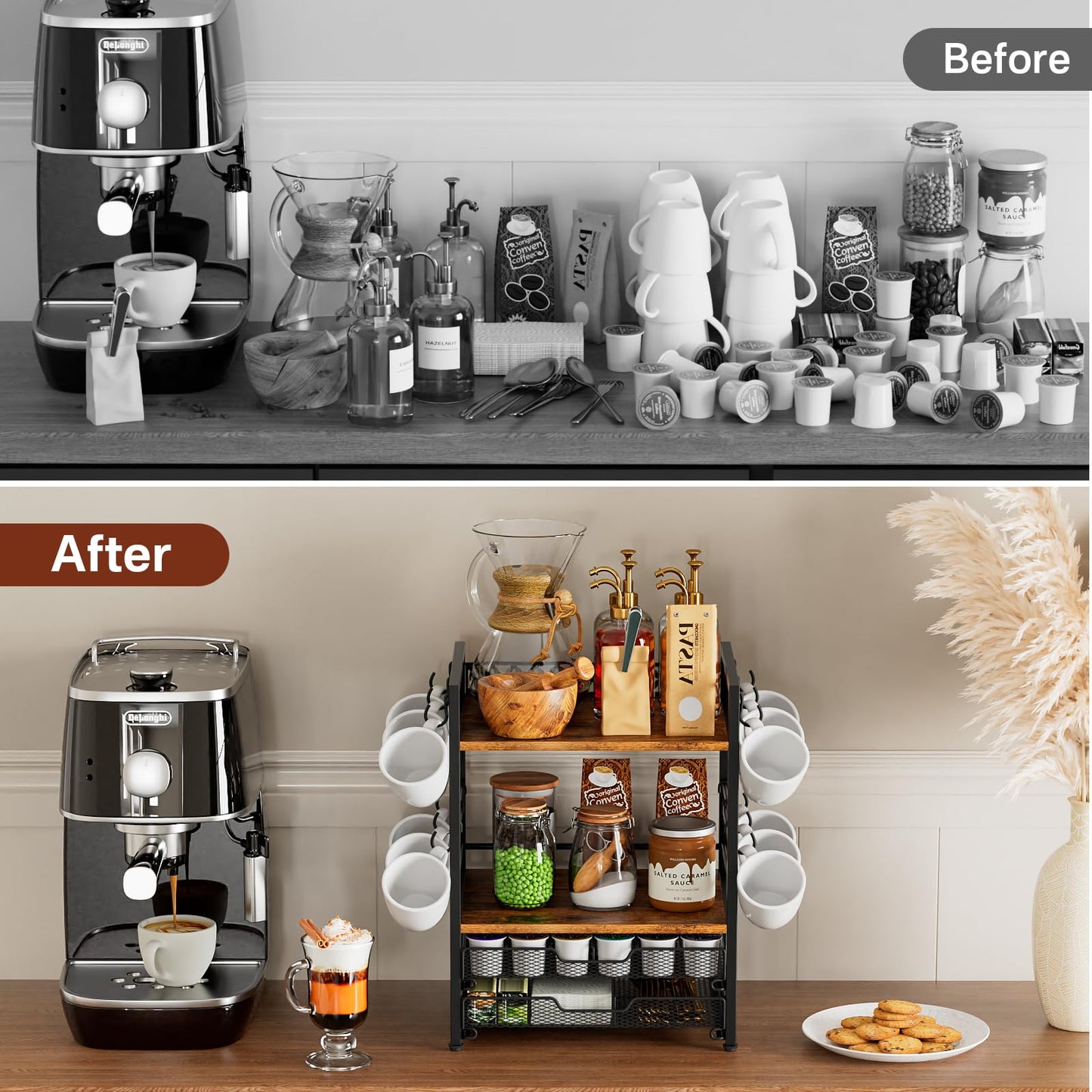 Plaviya Coffee Bar Station Organizer, 4 Tier K Cup Organizer Mug Holder with 12 Hooks, Coffee Pod Holder, Multifunctional Countertop Organizer for Kitchen