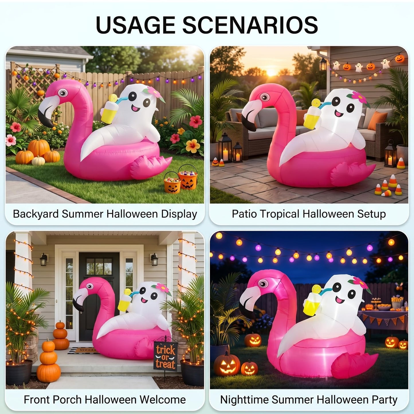 4FT Summerween Decorations Inflatable Ghost on Flamingo Float, Halloween Outdoor Inflatable Decor with Tropical Drink and LED Lights for Yard Lawn Garden Home, Summerween Party Decorations