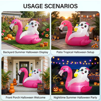 4FT Summerween Decorations Inflatable Ghost on Flamingo Float, Halloween Outdoor Inflatable Decor with Tropical Drink and LED Lights for Yard Lawn Garden Home, Summerween Party Decorations