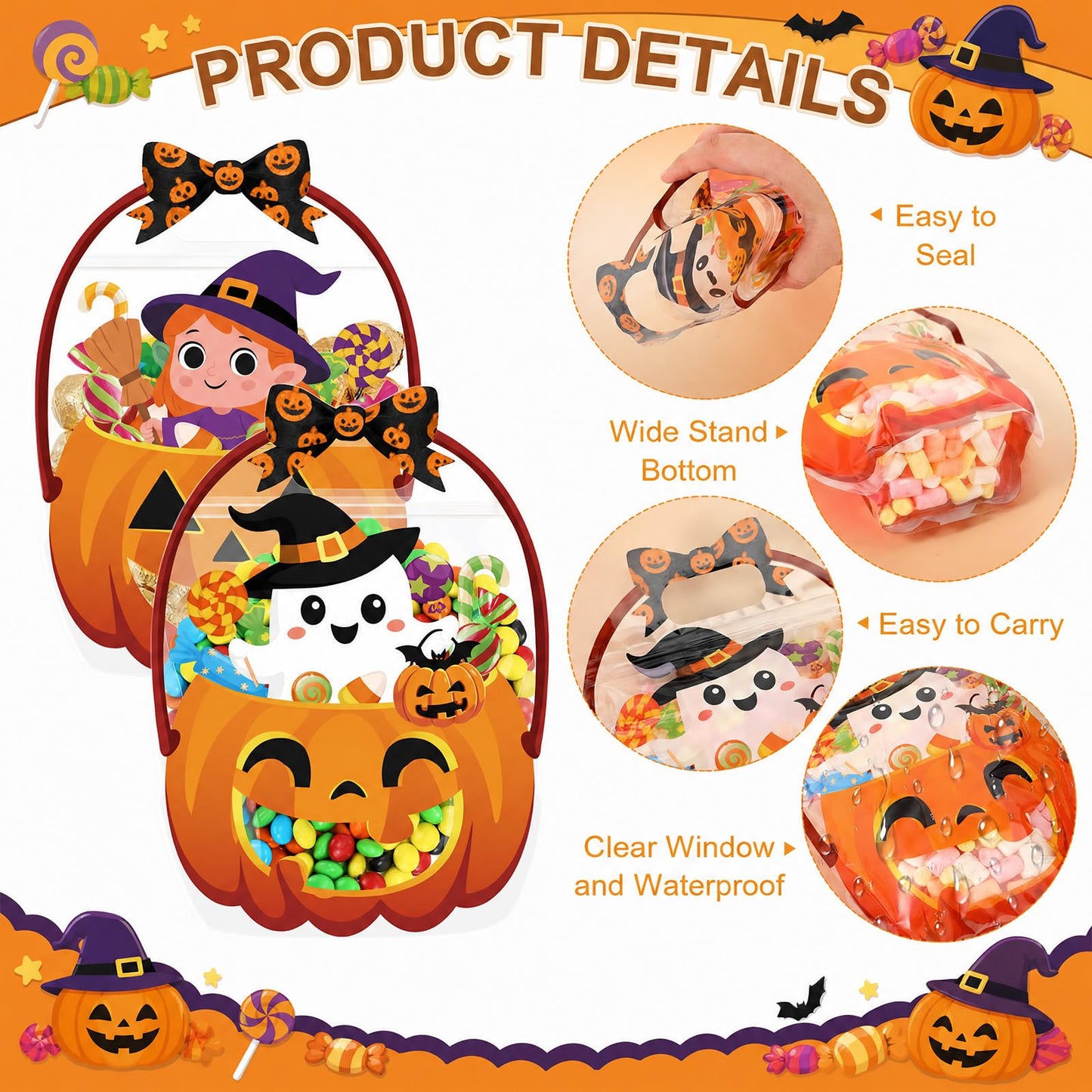 Fuutreo 50 Pcs Halloween Plastic Bags Clear Ghost Witch Pumpkin Sealed Gift Pouches with Handles Resealable Scary Holiday Favor Bags for Halloween Holiday Party Candy Gift Wrapping Supplies Decoration