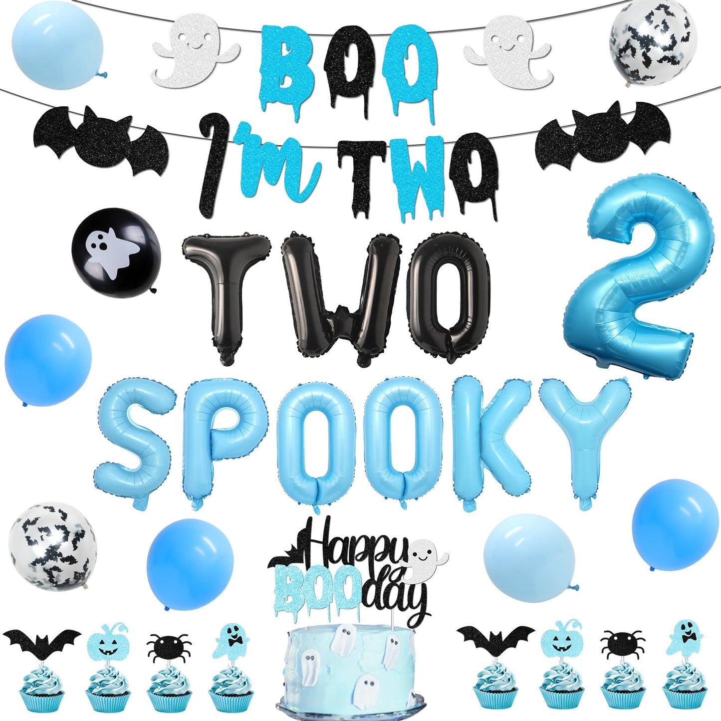Halloween 2nd Birthday Party Decorations for Boys Blue Two Spooky Birthday Decor Boo I'm Two Banner Happy Boo Day Cake and Cupcake Toppers Ghost Bat Latex Balloon for Boys 2nd Bday Decor Supplies