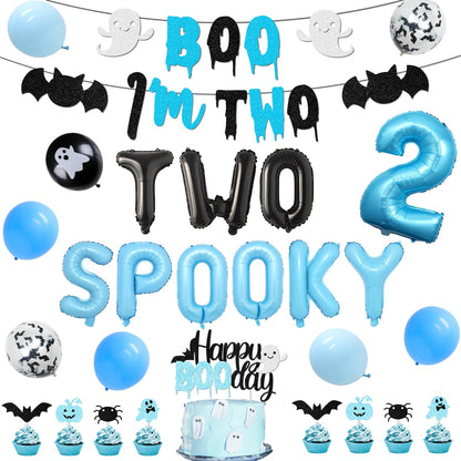 Halloween 2nd Birthday Party Decorations for Boys Blue Two Spooky Birthday Decor Boo I'm Two Banner Happy Boo Day Cake and Cupcake Toppers Ghost Bat Latex Balloon for Boys 2nd Bday Decor Supplies