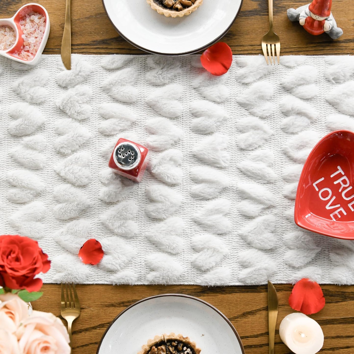 Artoid Mode White Soft Plush Faux Fur Jacquard Heart Valentine's Day Table Runner, Seasonal Kitchen Dining Table Decoration for Home Party Decor 13x72 Inch