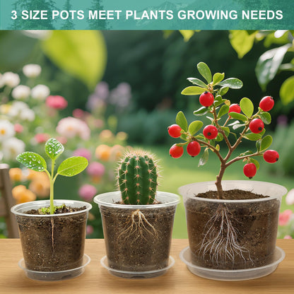 OUPSAUI 8/7/6 Inch Clear Nursery Pots with Drainage and Trays, 9 Pack Large Plastic Pots for Plant, Seedling Starter Pot, Garden Pots for Succulents Flower Vegetables Herb