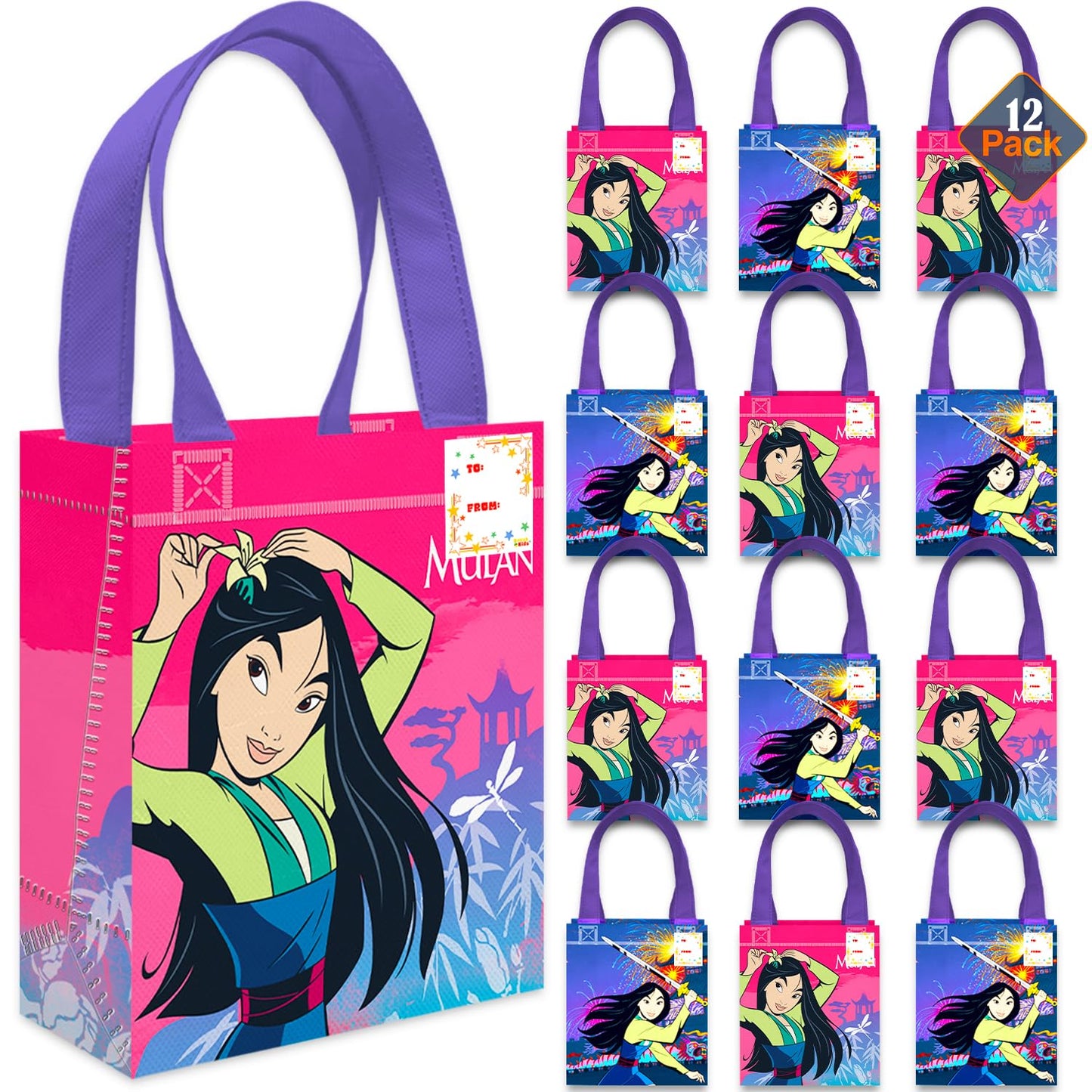 Mulan Party Favor Bags Set – 12 Pack 8" Disney Goodie Bags for Kids Bulk Reusable Mini Totes | Disney Mulan Birthday Party Supplies
