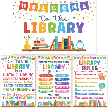 Lalunia 4 Pcs Library Rules Poster (11"x16") - Classroom Library Decorations for Librarian, Media Room, Back to School Educational Posters, Library Bulletin Board Sets, Reading Corner Decor
