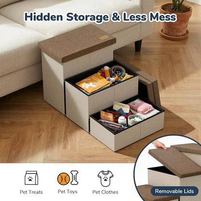 3-Step Wide Dog Stairs with Hidden Storage 18" H, Non-Slip Dog Steps for High Bed Couch Car, Jiont-Friendly Pet Stairs Ramp for Small/Medium/Large Old Dogs Cats Up to 220lbs, Beige&Coffee Lid