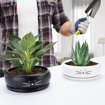 Koolkatkoo 8 Inch Cat Ceramic Succulent Planter Pot with Drainage Hole and Tray Flower Pot for Indoor and Outdoor Plants Round Shallow Planter Gifts for Cat Lovers