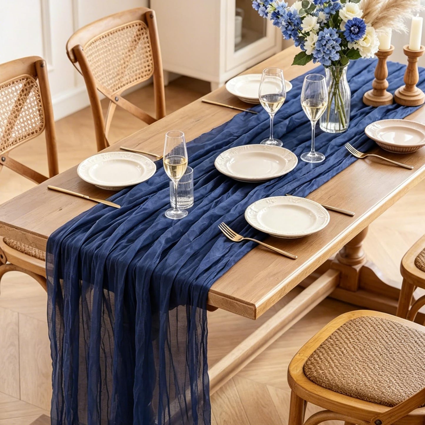 3Pcs Navy Blue Table Runner, 10FT Rustic Gauze Blue Table Runner 35*120inch Boho Table Runners for Wedding Bridal Shower Birthday Baby Shower Table Centerpiece Decorations