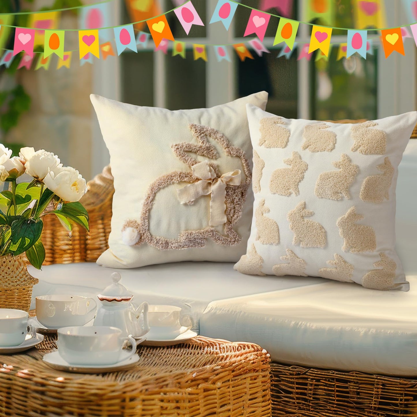 Moucuny 2 Pcs Halloween Decorations Pillow Covers 18x18 Embroidery Tufted Cute Ghost Throw Pillow Covers Halloween Embroidery Home Decoration Cotton White Pillowcases Decor for Couch Sofa Bed Bedroom