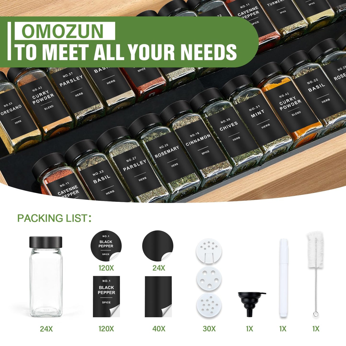 OMOZUN Spice Jars with Label, 24pcs 4oz Glass Spice Jars with Black Lids, Square Spice Containers with 304 Labels and Shaker Inserts, Empty Seasoning Bottles for Drawer, Cabinet, Seasoning Organizer