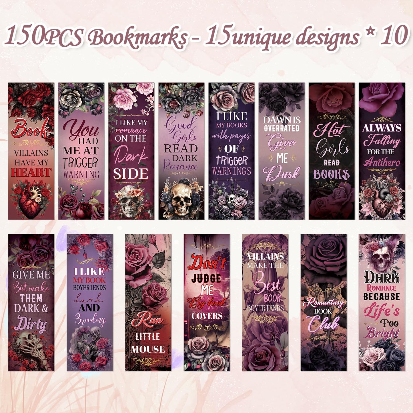 Wxiben Dark Romance Bookmark Gifts - 150 Pcs Dark Romance Merch Book Marks Skull Flower Bookmarks Page Marker Clip Gift for Women Men Book Lover Students Teachers Bookish Bookworm Reading