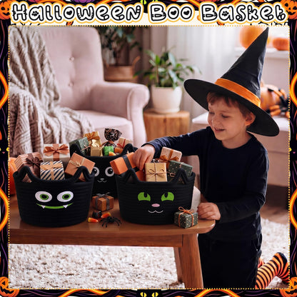 Yungyan 3 Pcs Black Cat Baskets, Woven Cotton Rope Cat Storage Bin Organizer, Trick or Treat Candy Bowls, Boo Gift Basket, Halloween Party Supplies for Laundry, Baby, Towels, Blankets, Animal