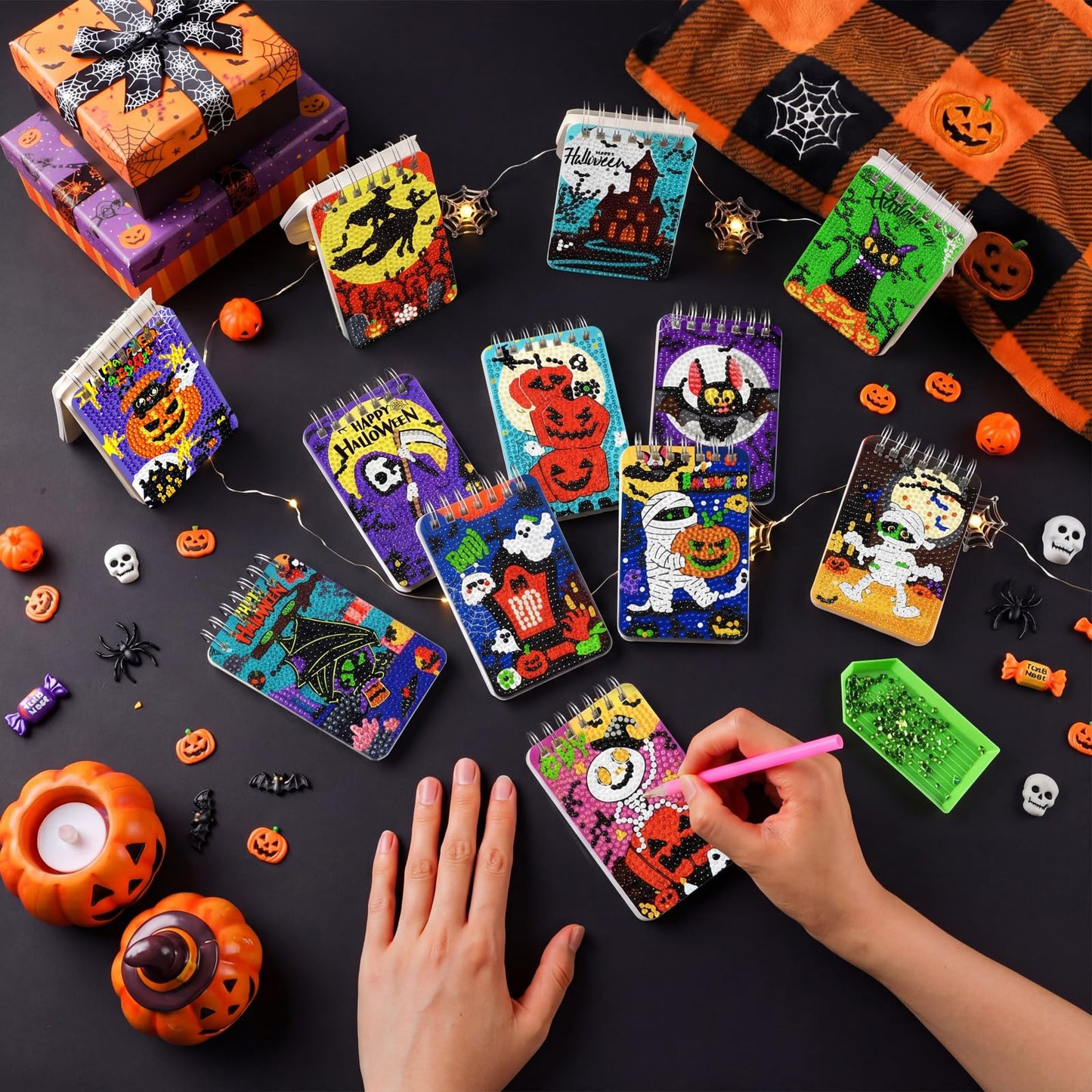 Frienda 12 Pcs Halloween Diamond Painting Notebook Kits for Adults DIY Halloween Diamond Art Journal Notebooks 5d Ghost Gem Dots Cover Notepad Gift Set Journal Art Crafts Accessories with Tools