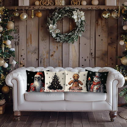 QIONG MENG Christmas Pillow Covers 18x18 Inch Set of 4 Gothic Skull Snowman Pillowcase Halloween Xmas Black and White Throw Pillow Covers Home Sofa Living Room Decorative Cushion Case