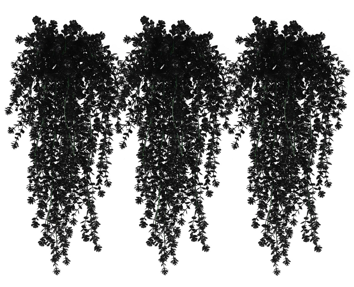 RECUTMS Black Hanging Flowers Faux Hanging Plants Black Artificial Hanging Plant Fake Greenery Faux UV Resistant Hanging Vines Plant for Indoor Outdoor Wedding Halloween Party Fall Wall Decor 3 Packs