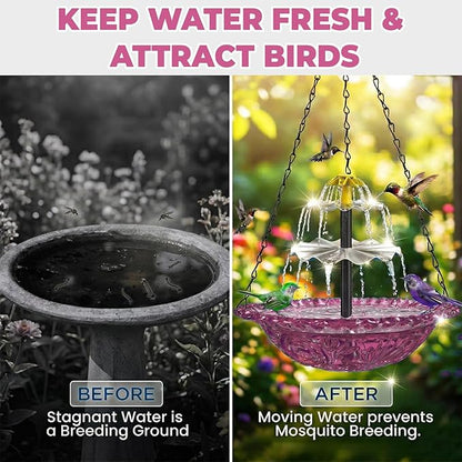 Solar Fountain for Bird Bath, Hanging Cascade Water Feature for Outdoor Garden & Yard Decor, Creates a Relaxing Flow that Attracts Birds (Purple)