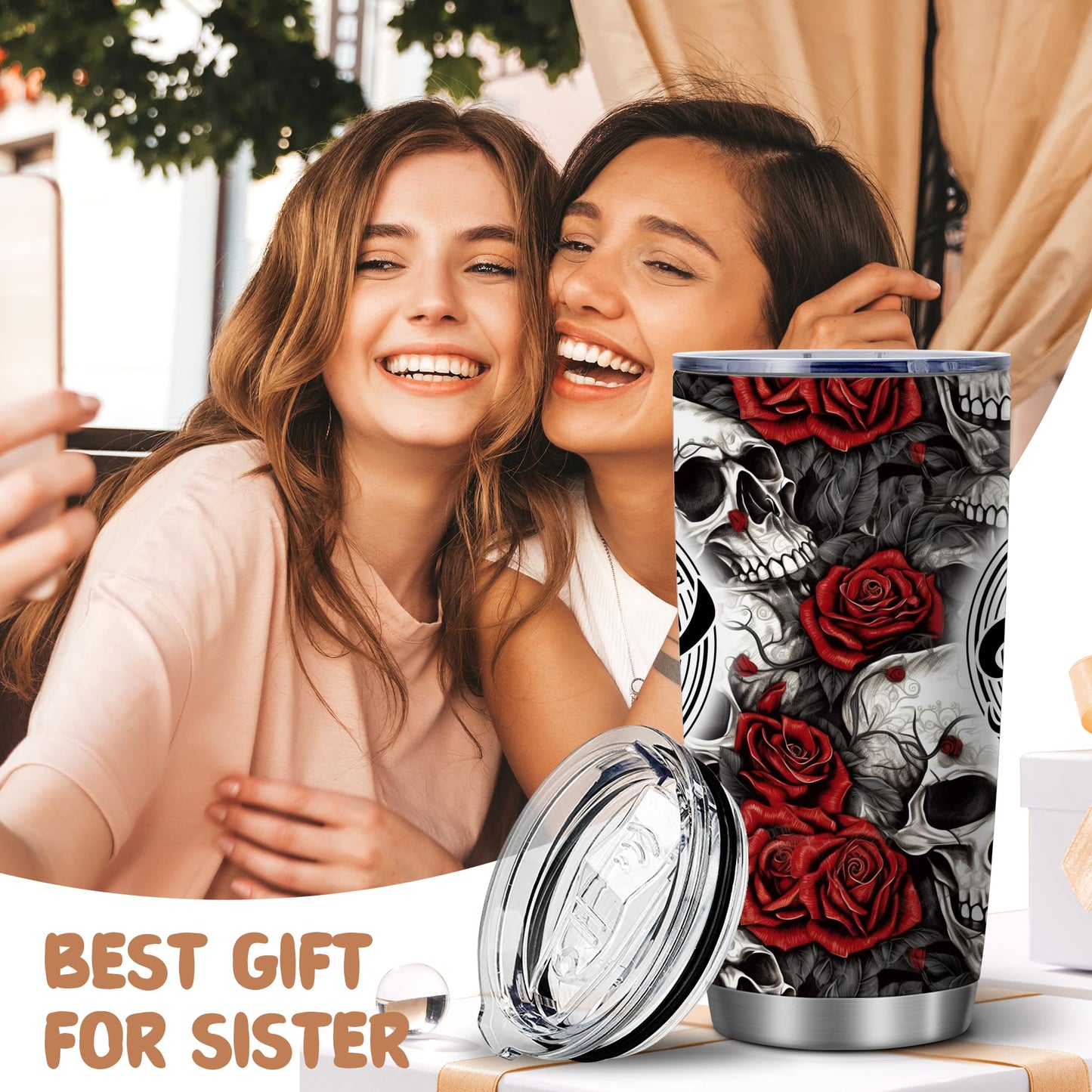 Equoza Skull and Rose 20oz Stainless Steel Tumbler with Lid, Halloween Gothic Finger Skeleton Hand Cup, Double Wall Insulated Travel Coffee Mug, Funny Dark Gift for Men and Women