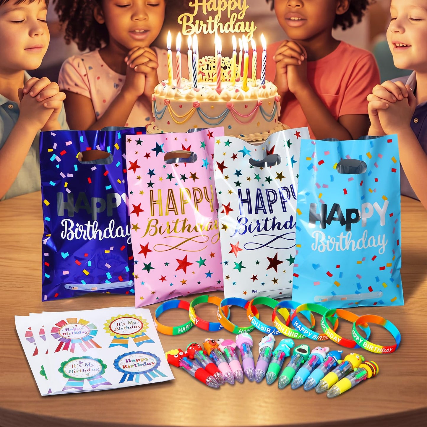 Marspark 48 Pcs Birthday Gifts Party Favors Set Goodie Bag with Multicolor Pen Badge Sticker Silicone Wristband Birthday Gifts Reward from Teacher for Happy Fete Day Party Supplies