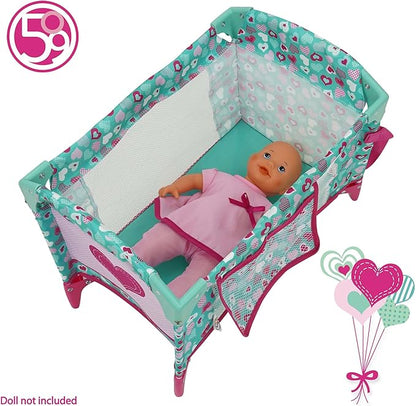 509 Crew: Mint Heart - Dream n' Fun Doll Play Yard - Pink & Green, Portable Sleep Crib, Storage Pockets, Toys-Dolls-Stuffed Animals Accessory, Kids 3+