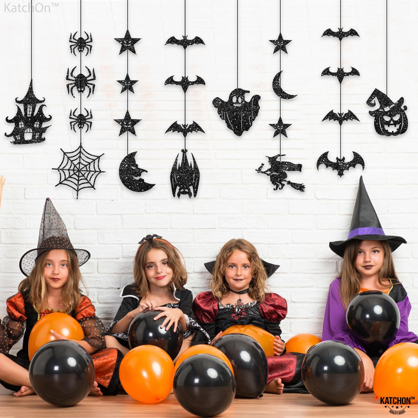 KatchOn, Glitter Black Halloween Garland - Huge, Pack of 10 | Halloween Party Decor Garland with Ghost, Witch, Skull, Raven, Pumpkin & Tree Cutouts | Spooky Party Hanging Decoration