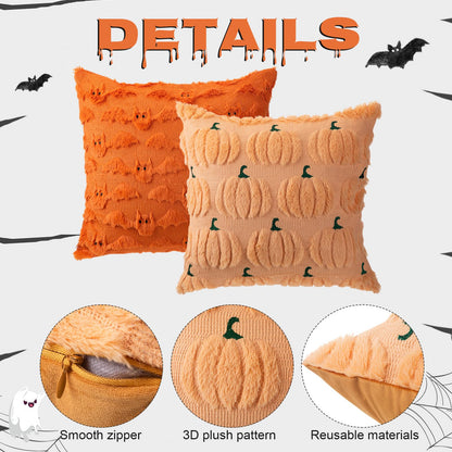Breling 4 Pack Halloween Throw Covers 18x18 Inch Soft Plush Ghost Bat Fall Pumpkin Faux Fur Wool Couch Cushion Case for Sofa Couch Living Room Halloween Autumn Farmhouse Home Decor