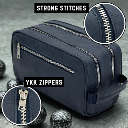 Toiletry Bag For Men, Premium PU Leather Dopp with Metal Zippers & Bottom Studs, Waterproof Grooming Kit for Men, Mens Birthday Gift, Includes Velvet Dust Bag & Shape-Retention Stuffing / NAVY BLUE