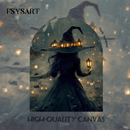 Dark Gothic Halloween Witch Canvas Wall Art, Witch Holding Lantern in Misty Forest Print, Mysterious Halloween Artwork, Whimsical Wall Decor for Living Room Bedroom Hallway, 8x10in, Black Frame